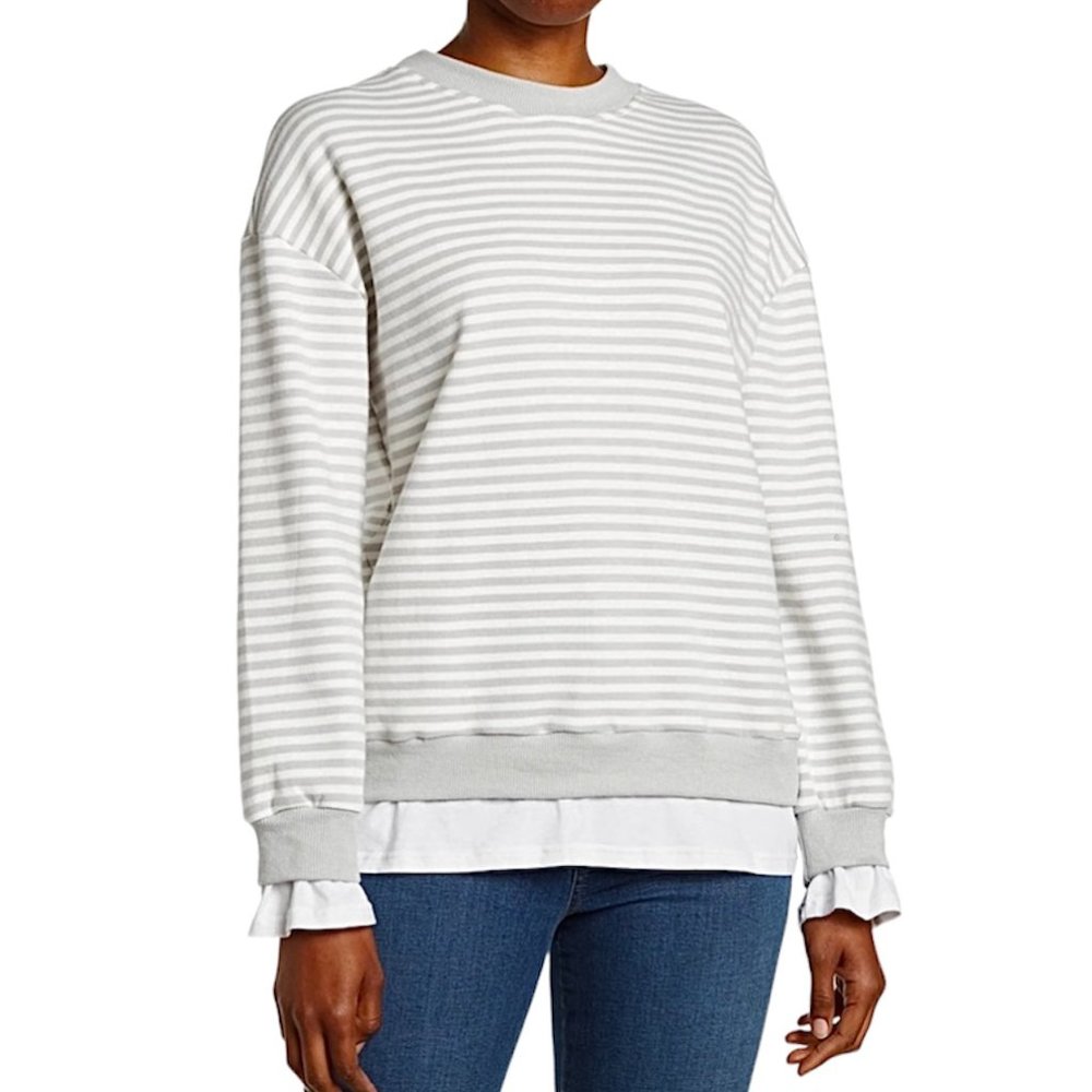 New Cali Be T-Shirt Hem Layered Stripe Crewneck Sweatshirt Grey White Size Small